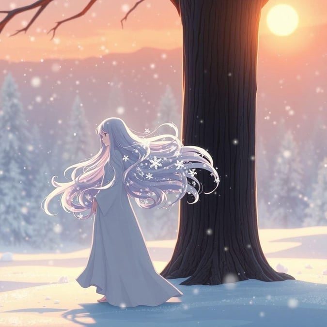 Immerse yourself in the serene beauty of an anime-style yuki-onna standing on snow, surrounded by a tall tree trunk and a blur of snowflakes in the background, all illuminated by the warm glow of the setting sun.