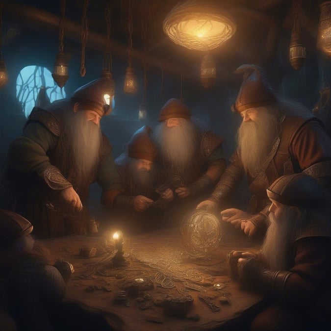 A cozy scene of dwarven companions engrossed in a mystical ritual around a table, with candles casting a warm glow.