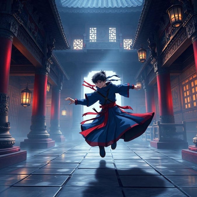 Immerse yourself in the enchanting world of anime with this captivating wallpaper featuring a young ninja apprentice navigating through a maze of illusions in a temple.