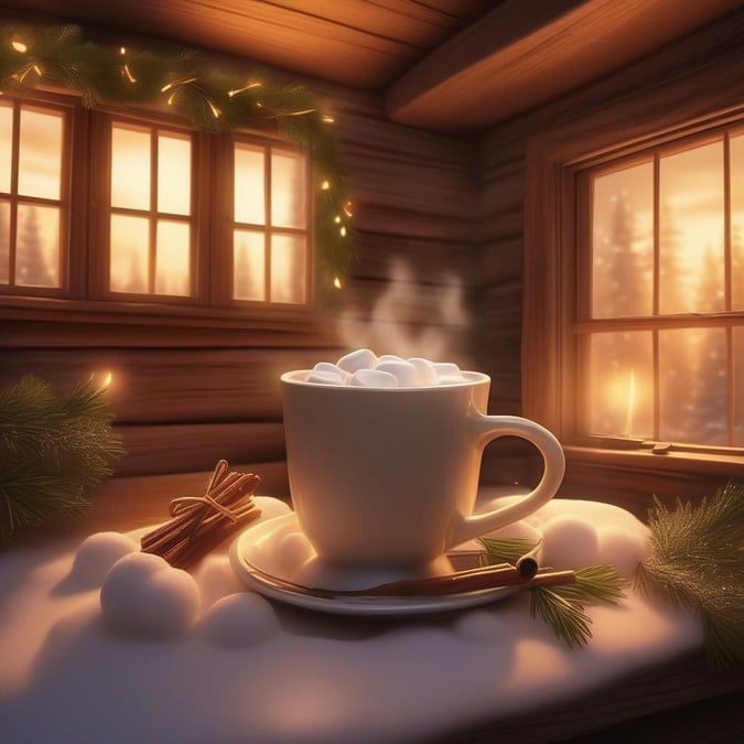 A cozy scene featuring a warm cup of coffee, set against the backdrop of a snowy winter landscape. This festive winter wallpaper is perfect for those chilly mornings when you want to curl up with a hot drink and celebrate the season.