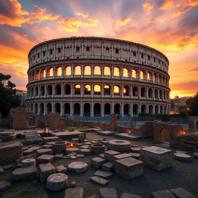 Experience the magic of Rome as the sun sets behind the Colosseum, casting a golden glow over this ancient wonder.