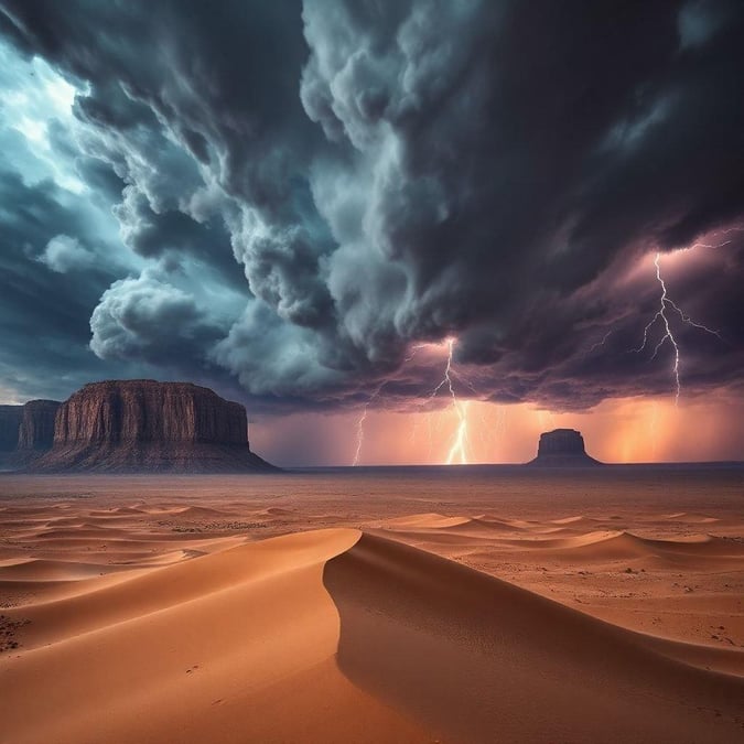 This stunning wallpaper captures the raw power and beauty of a thunderstorm in the desert. The dark clouds and lightning bolts create a dramatic and awe-inspiring scene, perfect for anyone who loves adventure and the great outdoors.