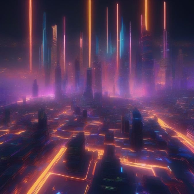 An abstract view of a neon-lit cyberpunk cityscape, bathed in the glow of digital life.