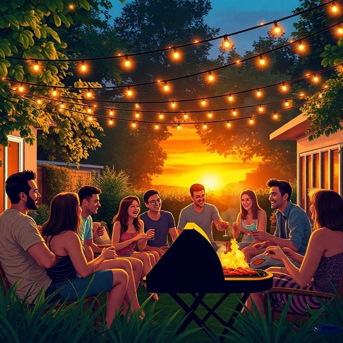 A group of young friends enjoying a cozy outdoor gathering around a bonfire, sharing stories and laughter under the warm glow of dusk. Relaxed atmosphere with string lights adding to the ambiance.