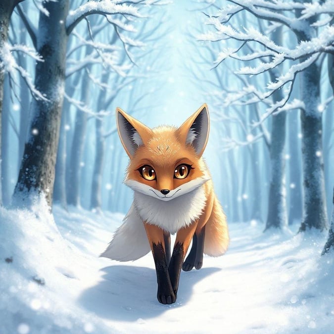 This captivating anime-style illustration features a fox spirit walking through a serene forest of snow-covered trees. The focus is on the fox's expressive eyes, with a blurred background, creating an animated image. The scene captures a sense of solitude and tranquility, with a fox-like spirit capturing a moment of quiet in a wintry forest.