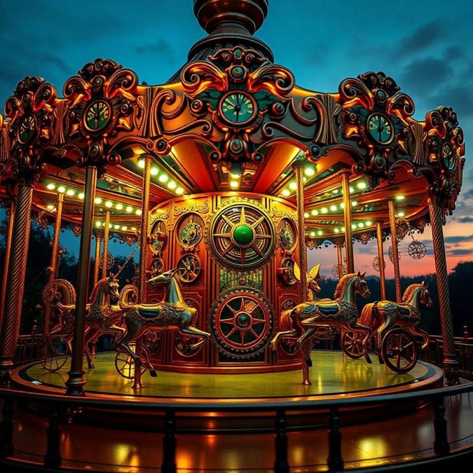 A vibrant and intricately designed carousel, illuminated by the fading light of the day, showcasing its gold and red design with two ornate horses ready for a ride.