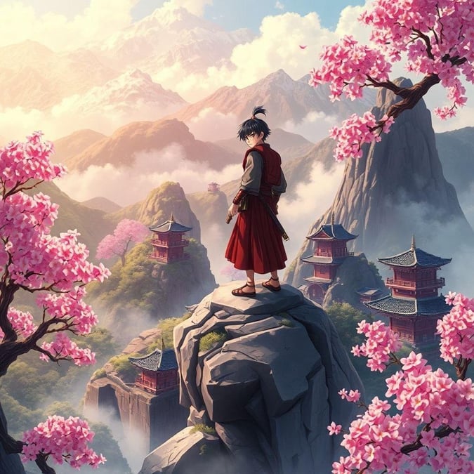 Immerse yourself in the serene beauty of an anime-inspired landscape, where a young samurai stands atop a majestic mountain, surrounded by the delicate charm of cherry blossom trees and ancient temples.