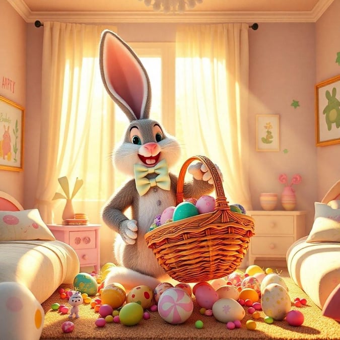 Join the Easter Bunny as he delights in his annual basket delivery, spreading joy and color across a cozy room with a charming touch of spring.