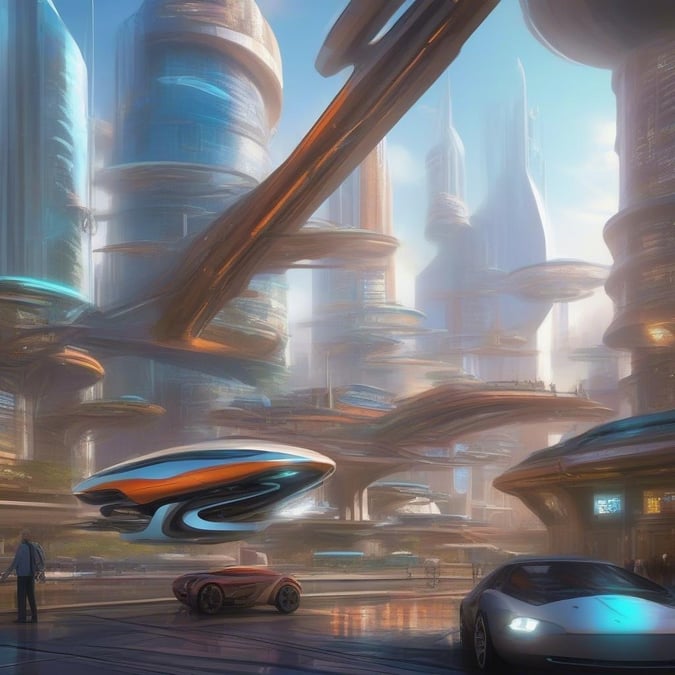 A bustling city skyline filled with modern architecture. Vehicles whizzing through the air, and futuristic spaceships docked on tall buildings, paint a vivid picture of advanced urban life.