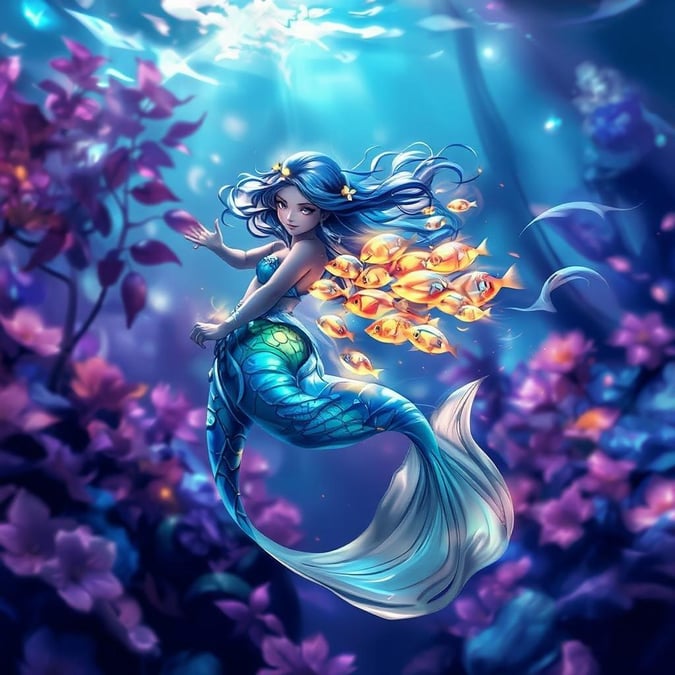 Dive into a world of fantasy with this stunning anime mermaid wallpaper. The ethereal underwater scene features a mermaid with a cluster of glowing fish, set against a dreamy garden of vibrant hues. Perfect for desktop and mobile use, this wallpaper is sure to captivate anyone who loves anime and fantasy.