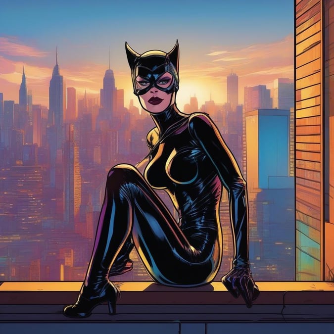 Selina Kyle, the iconic Cat Noir from Gotham, perched against a backdrop of her city, overlooking the bustling streets below.