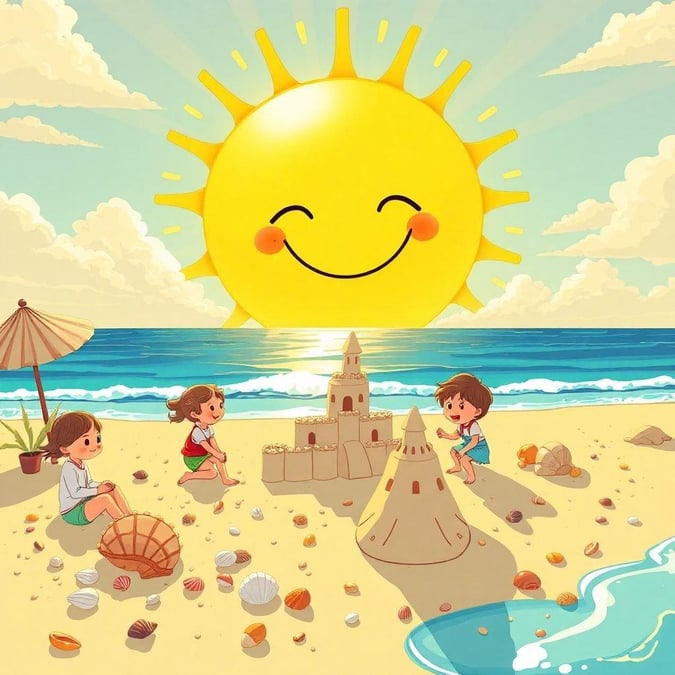 A bright sunny day at the beach with friends building sandcastles.