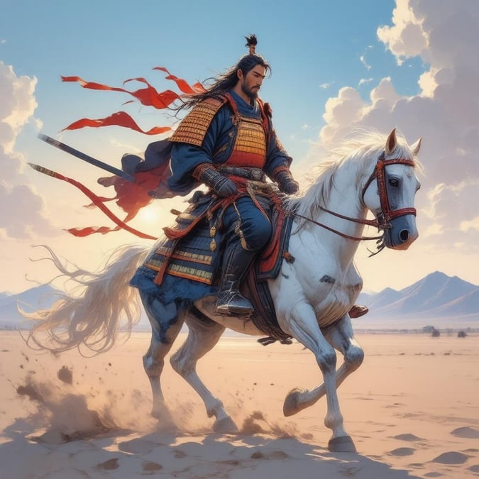 This stunning wallpaper features a samurai riding on a horse, set against a breathtaking desert landscape with a kaleidoscope of colors and patterns.