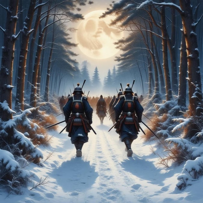 Eine ruhige und detaillierte Anime-Illustration einer Gruppe von Samurai, die unter dem Licht eines vollen Mondes durch einen verschneiten Wald marschieren.