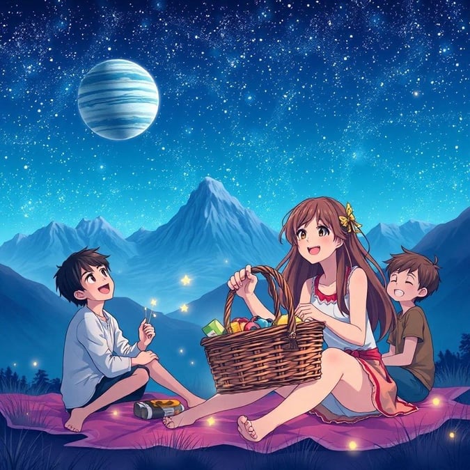 A serene and magical scene of a group of people enjoying a picnic under the starry night sky, with a majestic mountain range in the background.