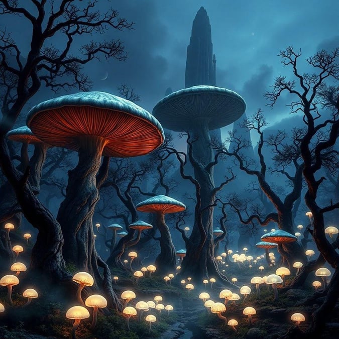 This digital art piece depicts an enchanting forest filled with glowing mushrooms, illuminating a dark path. Amidst the trees and fungi, a castle stands tall against the stormy sky, adding a touch of mystery to this magical scene.