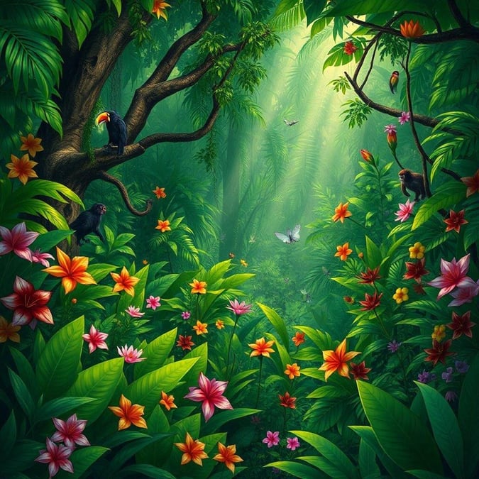 Escape to a vibrant rainforest scene with this stunning 3D art wallpaper. Enjoy the splash of color from exotic flowers, the chatter of birds, and the mystique of hidden waterfalls.