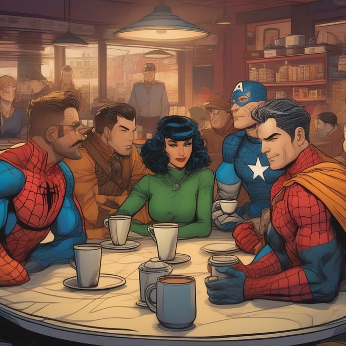 The iconic comic legends, Spider-Man and the Avengers, come together at a bustling city cafe. The team shares a moment of camaraderie amidst an exciting adventure.