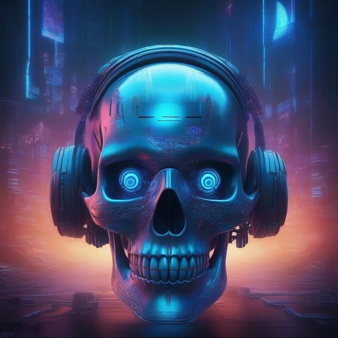 This wallpaper has a neon cyberpunk vibe with a skull wearing headphones. Perfect for your desktop or mobile devices.