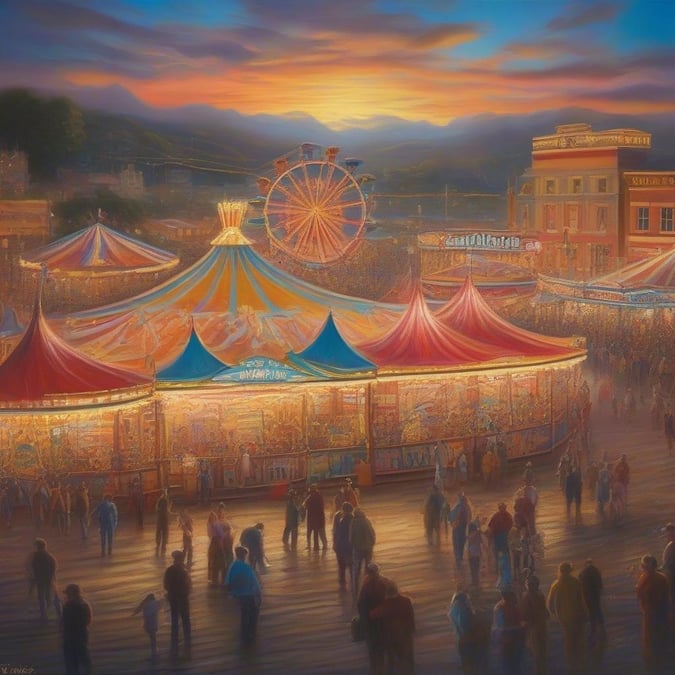 A vibrant carnival scene with amusement rides, food stalls, and crowds enjoying the fair ambiance under a beautiful evening sky.