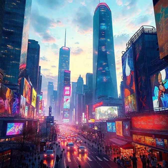 This vibrant cityscape captures the energy and excitement of a bustling urban center during the magical time of sunset. The towering skyscrapers, aglow with countless lights, stand tall against the soft blend of orange and purple hues in the sky. The streets are alive with activity, as pedestrians navigate the sidewalks below and cars move along the roads. This image is a testament to the allure of city life.