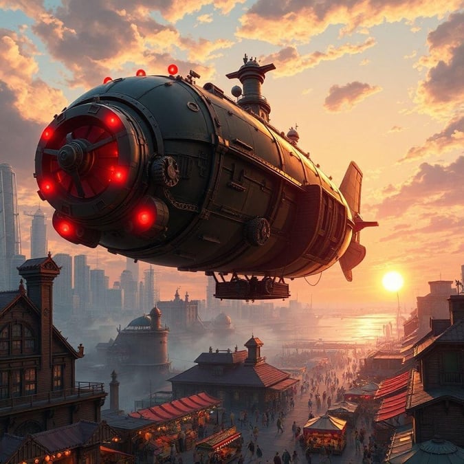 Get ready to be transported to a world of fantasy and adventure with this stunning anime steampunk airship wallpaper. The intricate design and glowing red accents of the airship are a true masterpiece of craftsmanship, and the bustling city market below adds to the sense of excitement and energy. Whether you're a fan of anime or steampunk, this wallpaper is sure to captivate you.