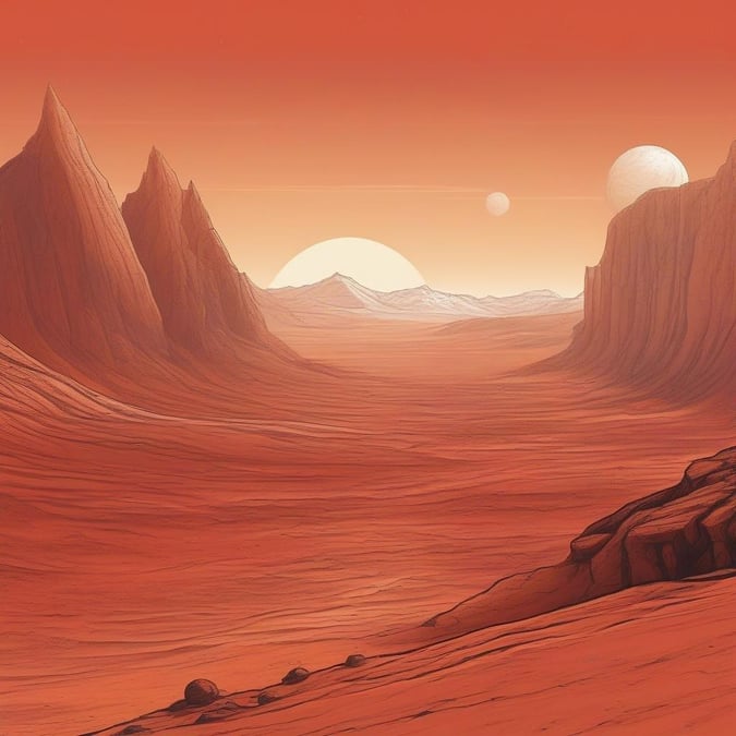 An alien desert scene with towering rock formations, two moons in the sky, and distant planets. Desert flora dot the red sand. A serene and otherworldly landscape.