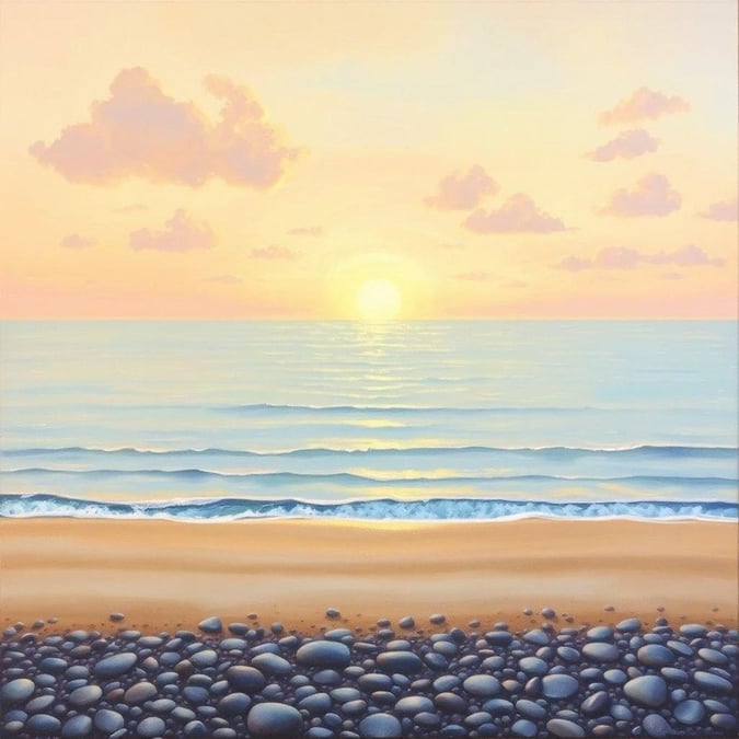 Feel the tranquility of this serene beach scene. The warm orange hues of the setting sun are reflected in the calm ocean waters. Stones scattered on the shore add a touch of ruggedness to the otherwise soft landscape. A perfect image for those who love seaside vistas and relaxing nature scenes.