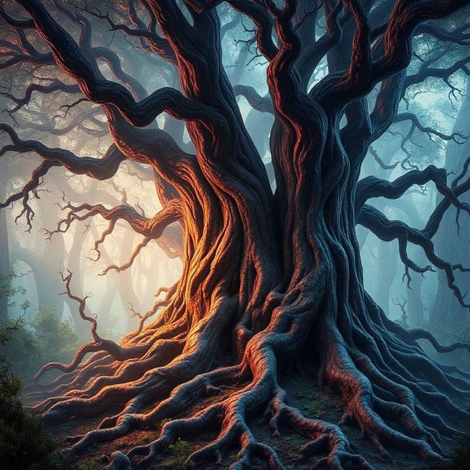 Witness the majesty of nature, where ancient trees tower over a mystical path. The artistry behind this 3D image brings the scene to life, capturing the essence of a hauntingly beautiful forest.