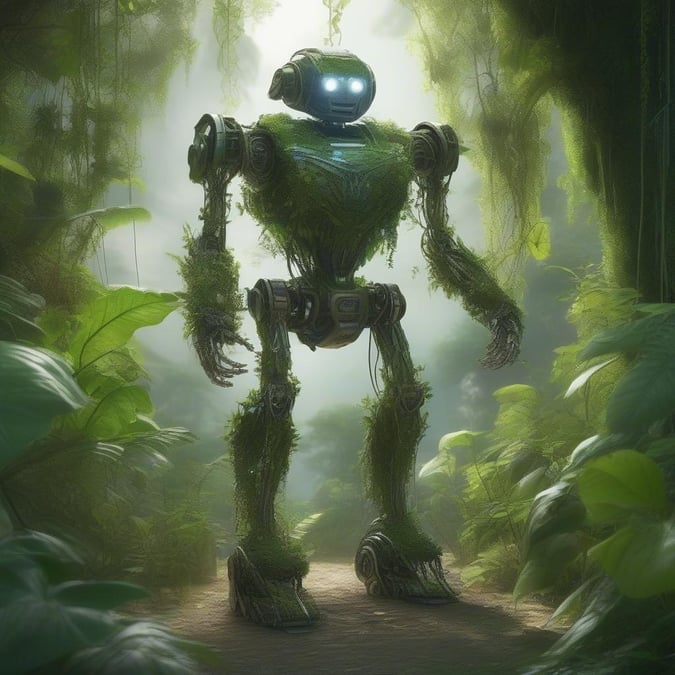 This stunning wallpaper features a robot standing guard in the heart of a lush forest, exuding a sense of serenity and technological wonder.