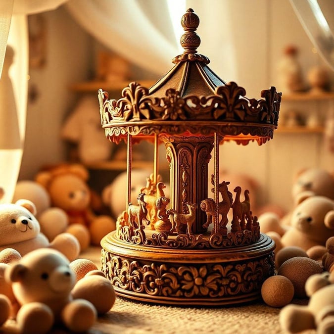 A magical scene featuring a vintage, ornate music box filled with classic characters, nestled among a whimsical assembly of stuffed animals.