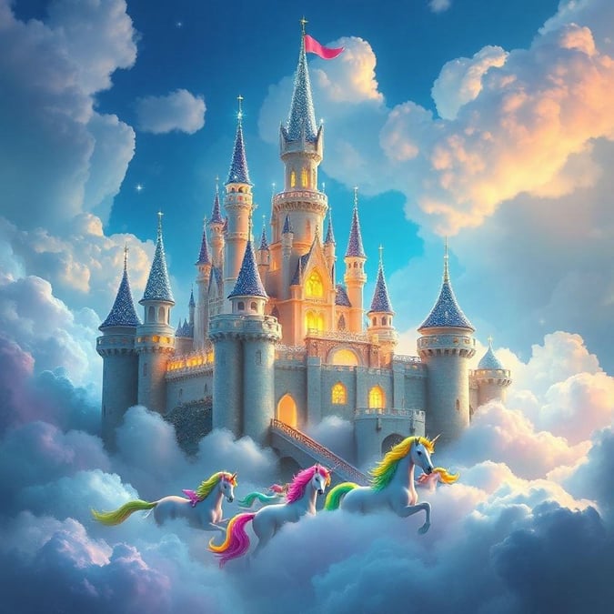 A fairy tale scene with a majestic castle, sparkling in the night, under a starlit sky. Tall spires reach towards the heavens as friendly unicorns add a touch of magic.