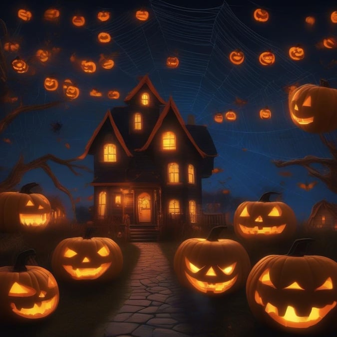 Get into the spooky spirit with this Halloween wallpaper, featuring a haunted house and jack-o'-lanterns. Perfect for adding a touch of seasonal charm to your desktop or mobile device.