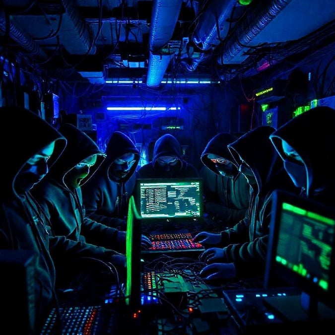 A team of cyber experts huddled in the heart of their digital realm, collaborating on a mission-critical operation. They are surrounded by glowing screens that flicker with complex data and codes.