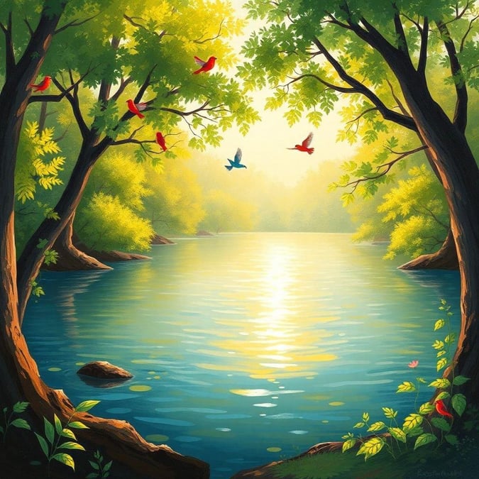 This wallpaper is perfect for kids and cartoon lovers. It features a serene forest scene with birds flying and playing in the trees. The image is colorful and vibrant, making it a great addition to any room.