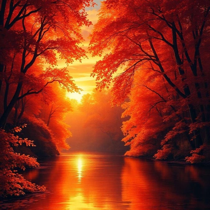 A serene view of an autumn forest at sunset, with the river reflecting the warm glow of the evening light.