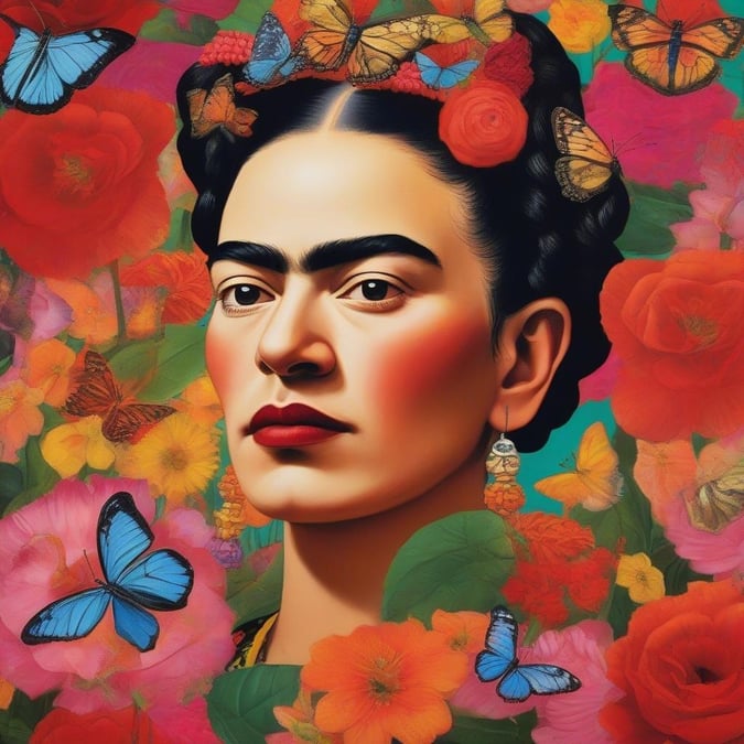 This stunning wallpaper features the iconic Mexican artist Frida Kahlo, surrounded by vibrant flowers and butterflies, capturing her unique style and essence.