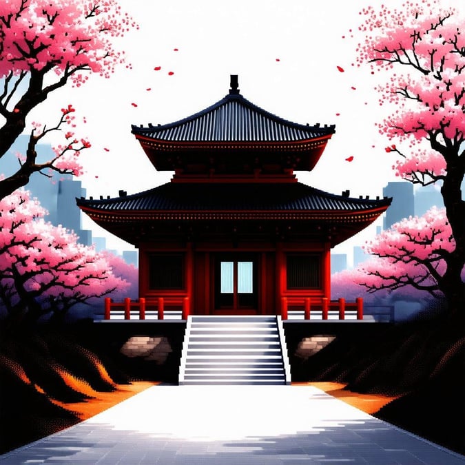 A serene image of a traditional Chinese temple nestled among vibrant cherry blossom trees, with city buildings faintly visible in the background.