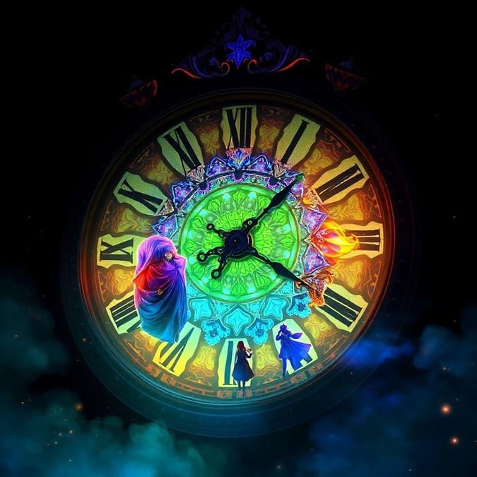 A mesmerizing digital illustration of a mysterious clock with magical warriors, perfect for anime fans.