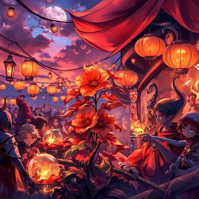 Immerse yourself in the enchanting world of this anime carnival at dusk, where vibrant flowers and whimsical creatures come alive.