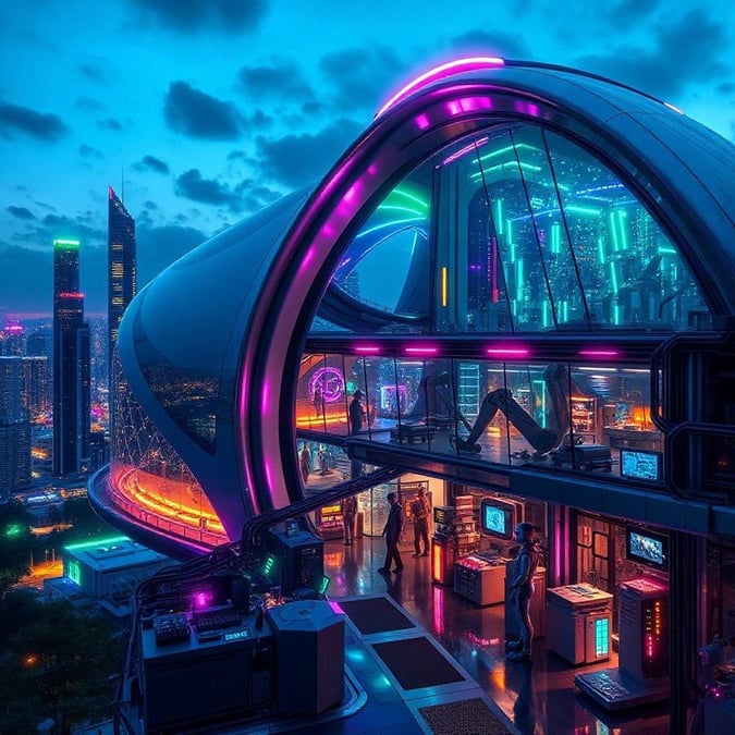 Discover the futuristic vibes of this city at night. A curved, transparent dome houses a high-tech gaming room bathed in neon lights, overlooking the city skyline where towering skyscrapers reach for the starlit sky.