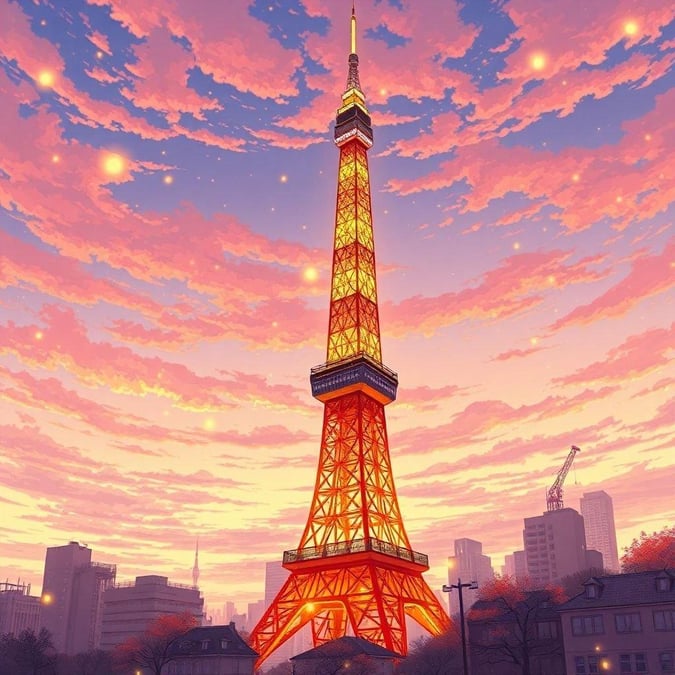 Une représentation vibrante, de style anime, de l'emblématique Tour de Tokyo illuminée contre un ciel chaud, orange et jaune, émanant une ambiance tranquille. La tour est nichée parmi les silhouettes des bâtiments de la ville sous un ciel nocturne parsemé de lucioles.