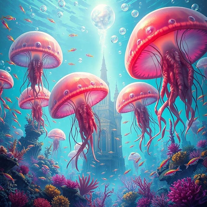 An enchanting undersea adventure, featuring magical jellyfish floating in a vibrant, deep blue ocean amidst an array of colorful marine life and a submerged castle.