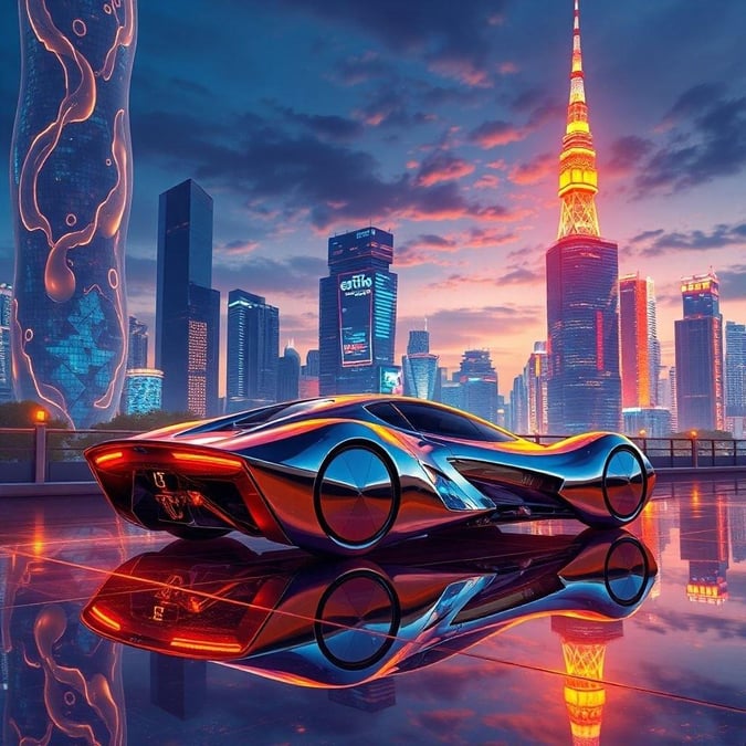 Découvrez le monde vibrant de l'anime dans ce fond d'écran captivant de paysage urbain. La voiture volante élégante, avec son design complexe et ses bords tranchants, est au centre de l'attention, tandis que les teintes chaudes d'orange et de jaune évoquent un sentiment de mouvement et de mystère.