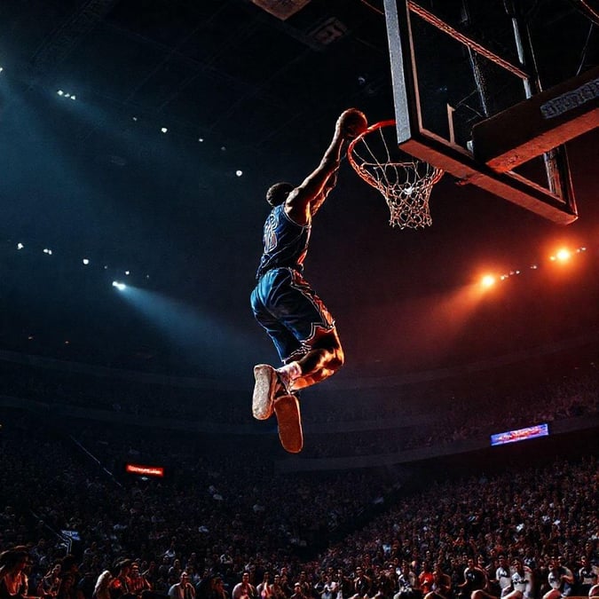 This stunning image captures the intensity and athleticism of a basketball player in mid-dunk, surrounded by a sea of enthusiastic fans. The dynamic composition and vibrant colors make it a perfect fit for sports enthusiasts and anyone looking to add a touch of energy to their desktop or mobile wallpaper.