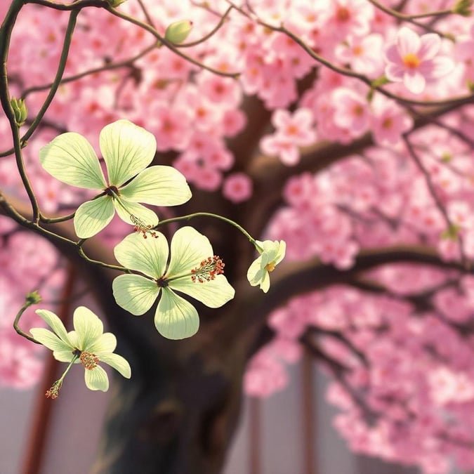 Eine bezaubernde Nahaufnahme von Hibiskusblüten, die zwischen den rosa Blüten der Kirschbäume blühen. Diese digitale Illustration fängt das Wesen des süßen Frühlingsbeginns ein, mit zarten hellgrünen Blumen und dunkleren grünen Stielen, die in ihrer natürlichen Schönheit erstrahlen.