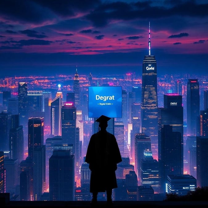 A graduate celebrates their achievement against the backdrop of an illuminated city skyline.