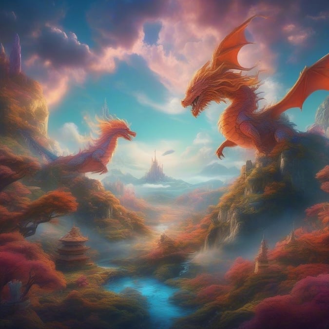 This stunning wallpaper features a majestic dragon soaring through a breathtaking landscape, surrounded by rolling hills, towering mountains, and a bright blue sky. The dragon's scales shimmer in the sunlight, casting a warm glow over the entire scene. Perfect for fans of fantasy and adventure, this wallpaper is sure to transport you to a world of magic and wonder.