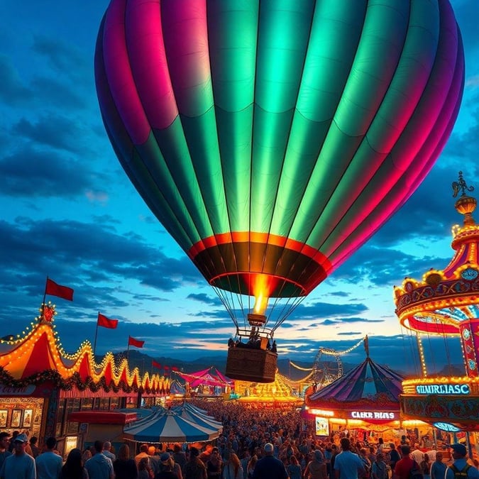 Get ready to soar high with this vibrant hot air balloon ride at the fair. Enjoy a panoramic view of the carnival below as you float above it in comfort.