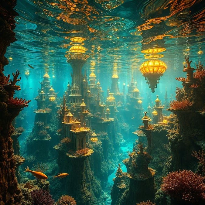 Discover an undersea realm where coral towers rise from the depths, gilded with gold. Schools of tropical fish dart around this fantastical city beneath the waves.